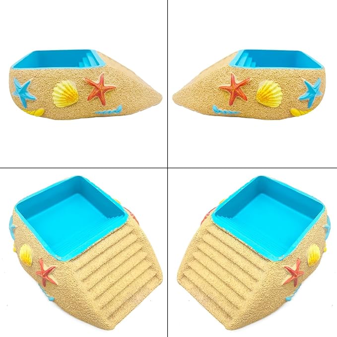 Tortoise Water Bowl,Reptile Water Dish,Resin Bearded Dragon Feeding Bowl with Ramp, Hermit Crab Bathing Pool, Lizard Food Dish Terrarium Decor for Turtle,Gecko,Chameleon,Frog(L)