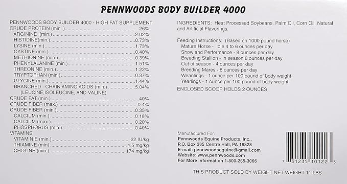 Pennwoods Body Builder 4000, Horse Weight Gain Supplement, High Fat and Energy Horse Weight Builder with Body Conditioning Horse Vitamins, Improves Hoof Quality - 12lb Bag