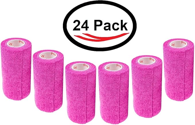 3 Inch Vet Wrap Tape Bulk (Fuchsia) (Pack of 24) Self Adhesive Adherent Adhering Flex Bandage Grip Roll for Dog Cat Pet Horse