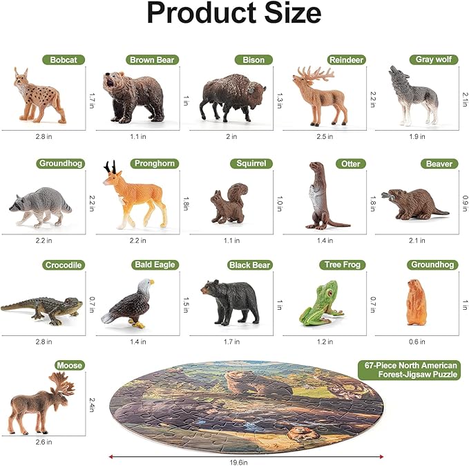 North American Animals Figurines Toys, 16PCS Realistic Safari Animals Figures & 67PCS 20" Large Woodland Jigsaw Puzzles Toys for Preschool Kids Toddlers, Ideal Gift for Toddler