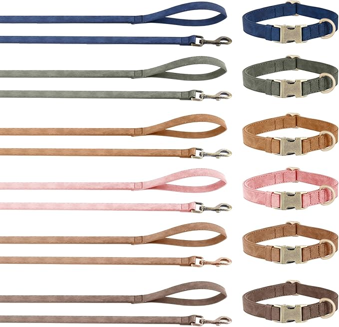 Genuine Leather Dog Collar - Adjustable Pet Collar with Quick Release Metal Buckle, Soft Skin Friendly Real Leather Collar for Small, Medium, Large Dogs (Pink Collar + Rope, L：Fit 15-23" Neck)