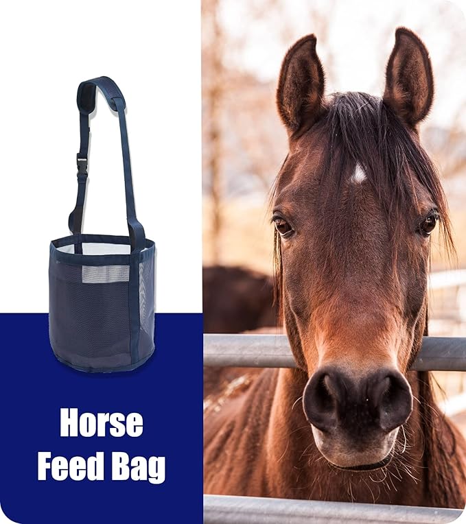 Horse Feed Bag for Grain - Heavy Duty Mesh Horse Feeder with Adjustable Strap,Comfort Neck Pad,Nose Pad Horse Muzzle Feed Bag(Medium,2pink)