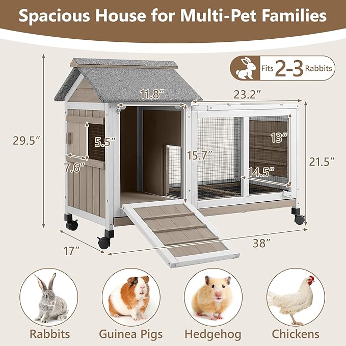 38''L Rabbit Hutch Outdoor with Wheels, Wooden Expandable 2 Story Bunny House Rabbit Cage Indoor with Run, Pull Out Tray, Waterproof Roof, Guinea Pig Cage Chicken Coop for Small to Medium Pets