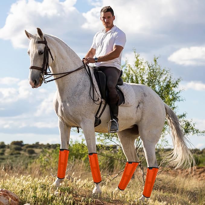 FOXLVDA Horse Fly Boots - Fly Boots for Horses Set of 4, Comfortable Horse Leggings, Mesh Material Design with Metal Support Bars for Reduces Stomping & Leg Fatigue (Orange, Medium)