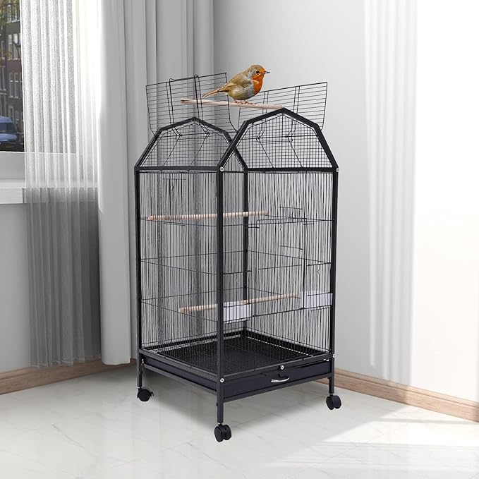 Iron Parakeet Bird Cage with Stand, Pet Bird Container with Skylight, Large Cage for Medium&Small Bird with Wheels and Doors for Cockatiel Sun Conure Senegal Jardine Quaker Budgie (Black)