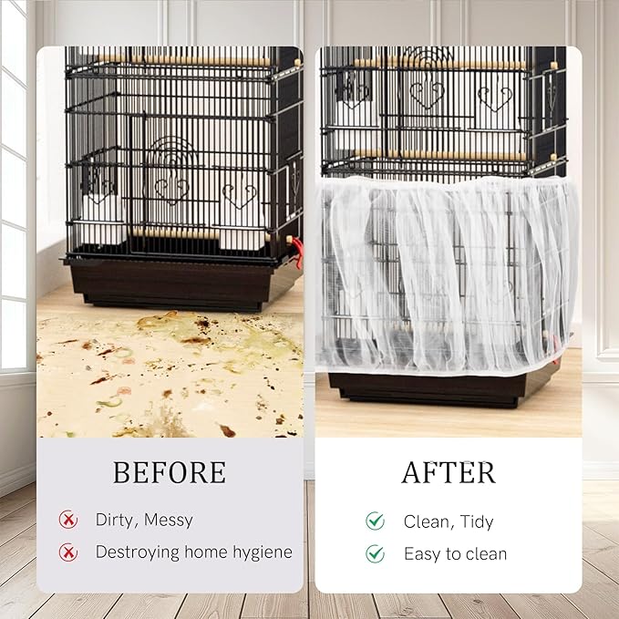 4 PCS Bird Cage Cover, Universal Bird Cage Seed Catcher, Adjustable Elastic Band Stretchy Skirts Mesh Cover, Reusable for Round and Square Cages (M, XL, Black, White)