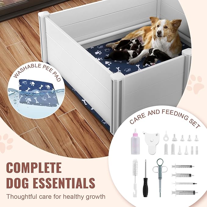 VEVOR Whelping Box for Dogs, 48 x 48 x 18.1in Whelping Pen for Puppies, Dog Birthing Box with Rails and Washable Pee Pad, Whelping Box for Large Breed Dogs, White