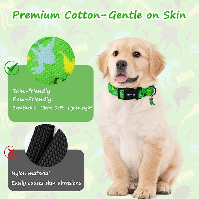 Dinosaur Dog Collar，Green with Multicolor Dino Pattern Handmade Cotton Collar for Small Medium Large Dogs, Adjustable & Comfortable Puppy Collar for Daily Walks, Park Adventures or Photos-L