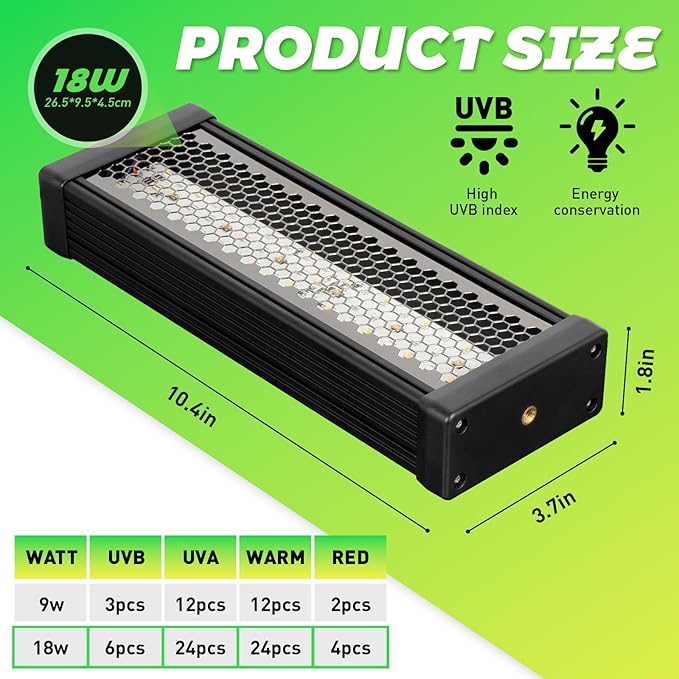 UVB Light for Bearded Dragon,LED UVB Light for Reptiles,Dimmable Brightness 18W 10Inch Reptile UVB Heat Lamp for Chameleon,Turtles,Lizard,Tortoise,Gecko,Snake, Adjustable 6/10/12-Hour Cycles