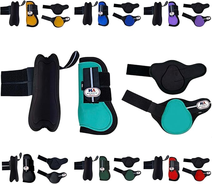 Majestic Ally Horse Leg Protection Fetlock and Tendon Boots Set, PU Shell, Neoprene Lining, Hook and Loop Closures, Multiple Colors and Sizes