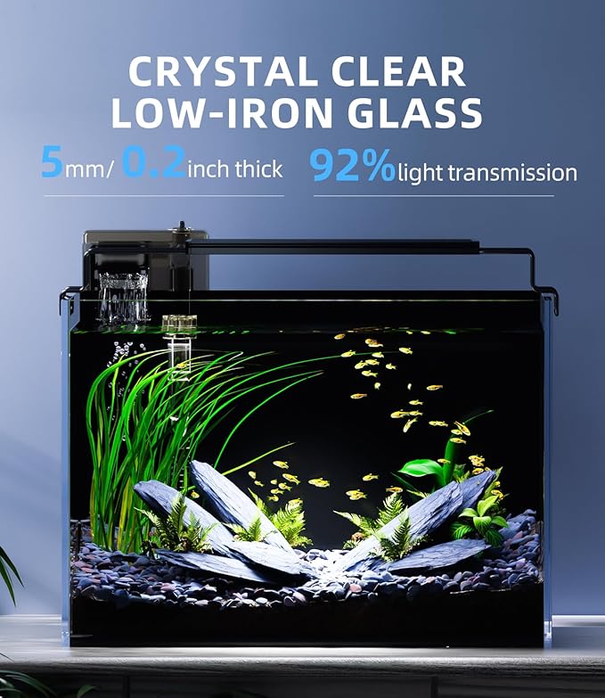 5 Gallon Fish Tank Aquarium Kit with Filter, Heater, LED Light with Timer, Siphon Vacuum Cleaner, Lid, Self-Cleaning Glass Rimless Betta Tank
