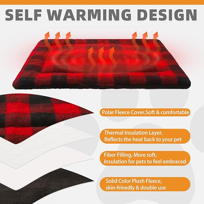 KOOLTAIL Self Warming Cat Bed, Christmas Plaid Pet Heated Pad for Indoor Outdoor Cats, Soft Thermal Double Used Warm Dog Mat, Washable Kitten Puppy House Blanket for Floor, Window Perch, Desk, Red