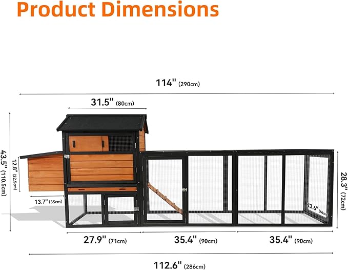 KEIKI 113" Wooden Chicken Coop with Run, Large Outdoor Hen Cage with Nesting Box and Predator-Proof Lock, Waterproof Anti-UV Roof Rabbit Hutch for Backyard Poultry, Brown