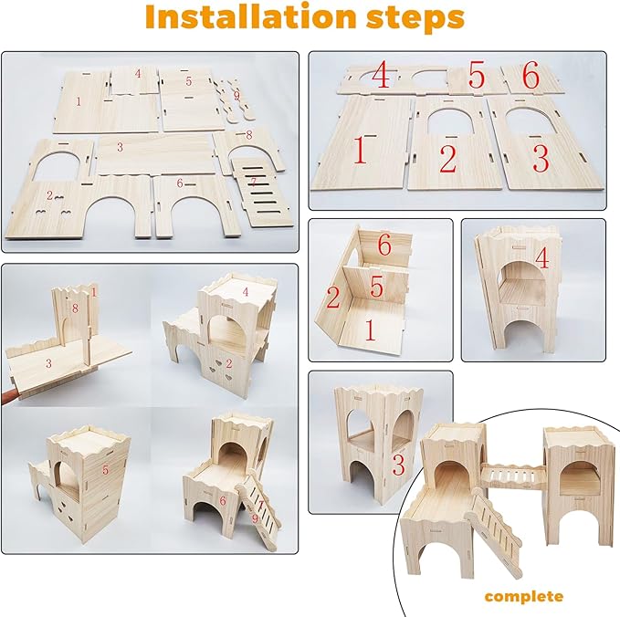 Wooden Dwarf Hamster House, Hamster Tiny House Hideout, Hamster Maze House, Large Balcony Lookout Holes, Easy to Assemble, Detachable Parts, Secure Hideaway, A