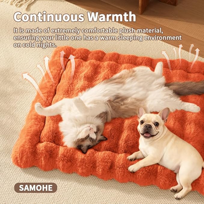 Self-Warming Cat Bed, Plush Faux Fur Pet Bed Mat with Anti-Slip Bottom, Ultra Soft Heated Bed for Cats & Medium Dogs, Cozy Fluffy Pad for Couch & Crate, Machine Washable, 27x20 Inch Orange