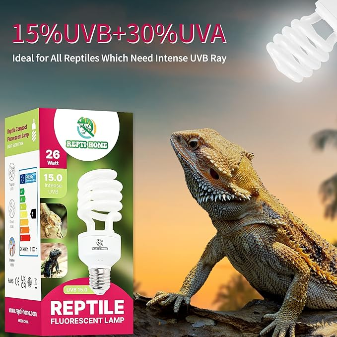 UVB Reptile Light 15.0, 26W Intense UVA UVB Bulb for Reptiles, Terrarium Compact Fluorescent Lamp, Reptile UVB Light Bulb for Desert Reptiles & Amphibians