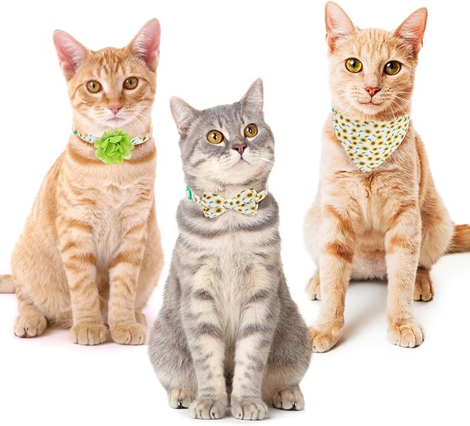 Breakaway Cat Collars with Bell & Cute Pendants - 3 Pack Adjustable Safety Kitten Collars - Decoration for Girl Boy Cats Puppy and Small Pets (Style C - Sunflower)