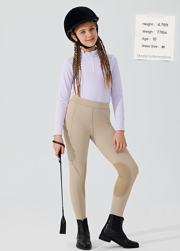 Willit Girls Horse Riding Pants Tights Kids Equestrian Breeches Knee-Patch Youth Schooling Tights Zipper Pockets