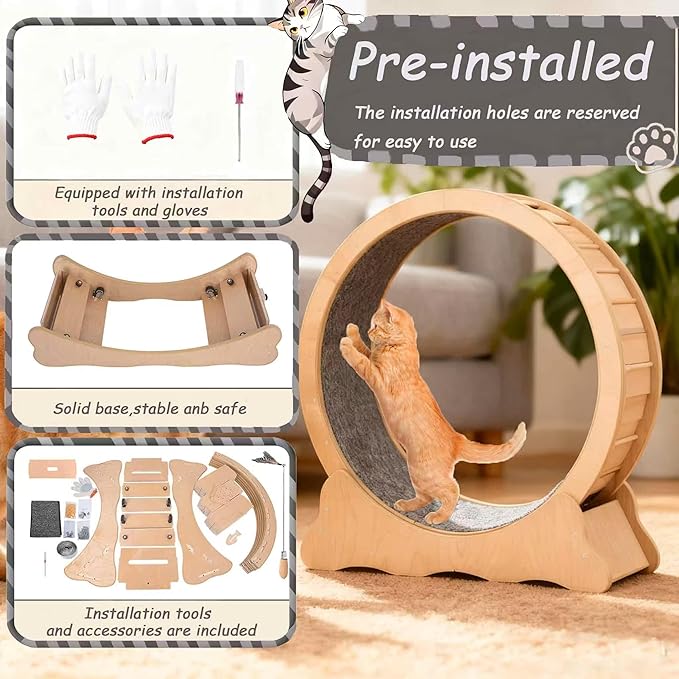 35.4'' Cat Exercise Wheel - Wooden Treadmill for Indoor Cats with Low Noise, Safety Lock, Detachable Carpet & Eco-Friendly Design for Fitness, Weight Loss and Entertainment