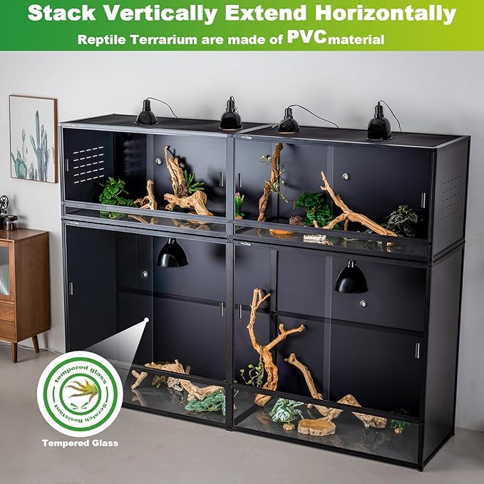 Reptile Tank 4-Pack Connectable Kit, 48"x24"x46" and 48"x24"x24" PVC Enclosures, Extra Large & Tall Stackable Terrariums for Bearded Dragon & Ball Python with Front Glass Doors & Locks