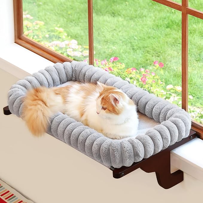SnugCloud Cat Window Perch with 4-Sided Bolster - Orthopedic Cat Hammock for Window Sill - Solid Hardwood & Metal Frame - Window Seat for Pets (Dark Stained Wood w/Gray Bed, Large)