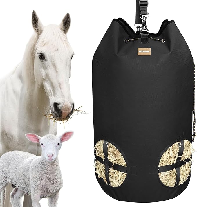 Hay Bags for Horses, Large Capacity Slow Feeder with Adjustable Top Opening, 4 Holes for Sheep, Goats, Donkeys