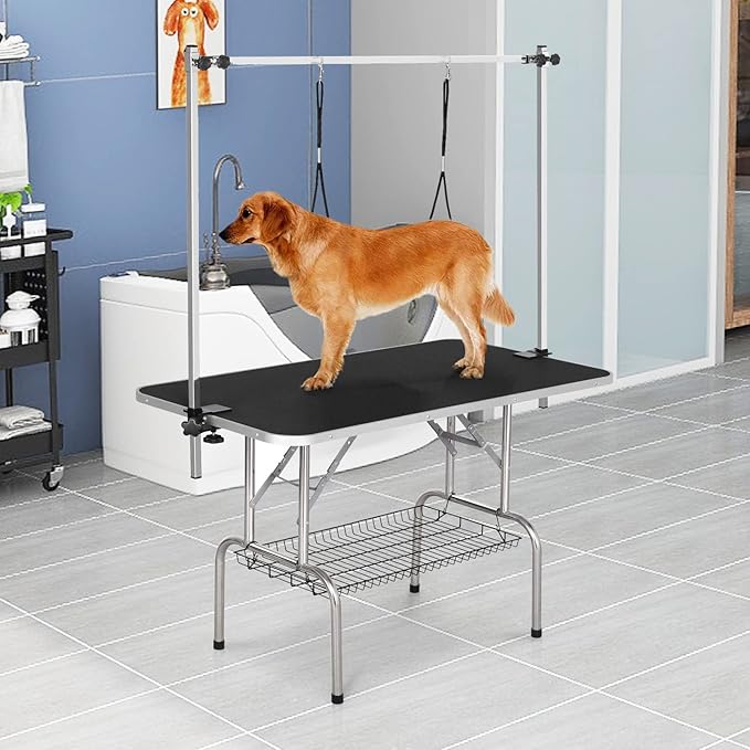 SoarFlash Pet Dog Grooming Table Foldable,Heavy Duty Foldable Pet Grooming Table with Arm & Noose & Mesh Tray, Maximum Capacity Up to 330lbs, 46inch, Black
