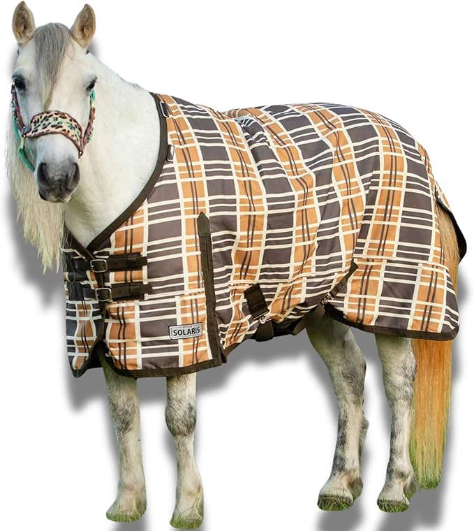 Jeffers Pony Poppins Solaris 1200 Denier Turnout Blanket Brown & Cream Plaid 45" - Waterproof, Breathable Horse Blanket with 0 gram Polyfill, No Insulation, Ideal Protection for Wind & Rain,