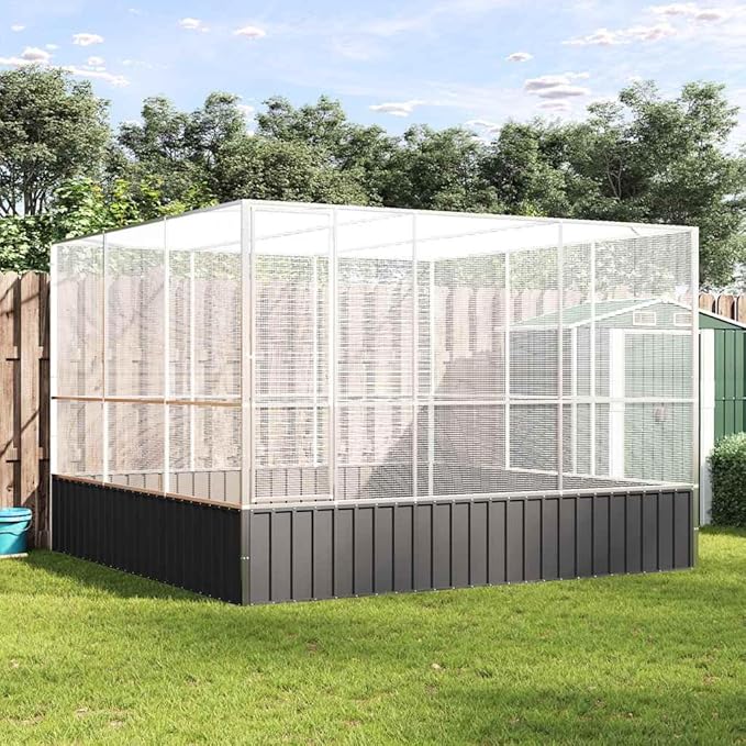 Large Metal Heavy Duty Walk-in Aviary Cage, Ample Activity Space Bird Cage with Lockable Door Also for Chickens and Rabbits, Silver 122.4"x120.9"x83.5" Steel,-405