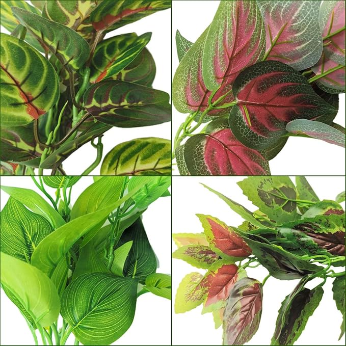 kathson Reptile Terrarium Plants Hanging Artificial Lizards Habitat Climbing Decorations with Suction Cups Pets Tank Fake Green Plastic Ornament for Amphibians Bearded Dragons 6PCS