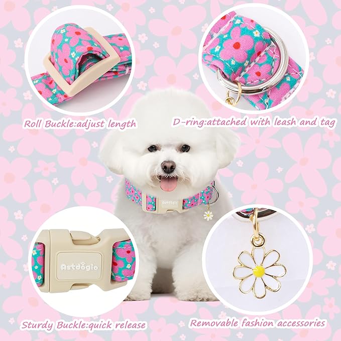 Cotton Floral Dog Collar,Green Dog Collar with Pink Flower, Adjustable Puppy Dog Collars for Small Medium Large, Cute Girl or Boy Dog Collar Ideal for Gifts,Pet Accessory,M
