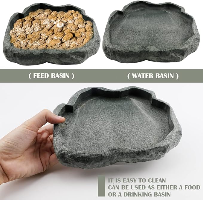 Reptile Water Dish Bowl Resin Rock Reptile Food and Water Feeder Pet Aquarium Ornament Terrarium Plate for Tortoise Lizard (Drak Green Large)