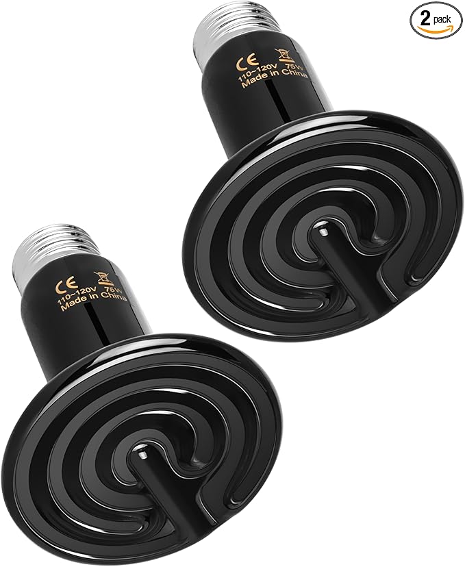 HealSmart Reptile Heat Lamp 75W 2-Pack Ceramic Heat Emitter, No Light Emitting Heat Bulbs for Amphibian Pet Brooder Coop Incubating Chicken, Lizard Bearded Dragon Turtle Snake Terrarium, Black