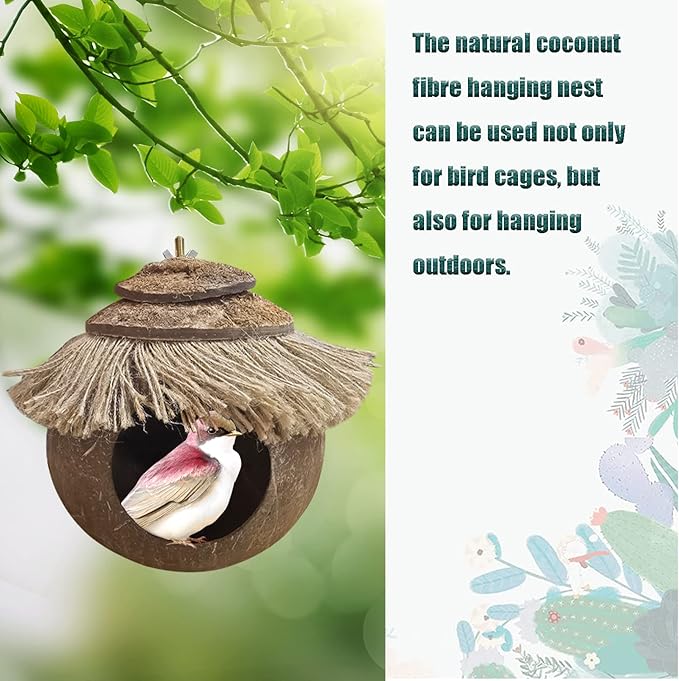 Tfwadmx Natural Coconut Fiber Hanging Birdhouse for Cage, Bird Shell Breeding Nest for Parrot, Parakeet, Lovebird, Finch, Canary, Small Animals House, Bird Hideout with Coconut Twine Decoration