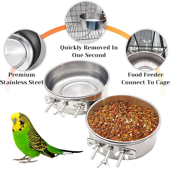 PINVNBY 2pcs Stainless Steel Bird Bowl Water Dish for Parrot, Parakeet, African Greys, Conure, Cockatiels, Lovebird, Budgie, Chinchilla（Three Screws Size: XL）