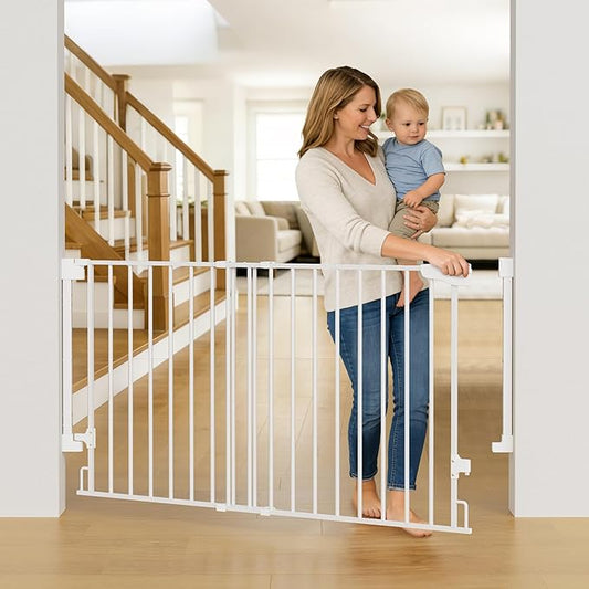 Cumbor 35.1-55" Wide No Bottom Bar Baby Gate for Stairs, 2-in-1 Auto Close Dog Gate Indoor, Hardware Mounted Pet Gate for Doorways with Large Walk Thru Door, Child-Proof Safety Gate for Kids (White)