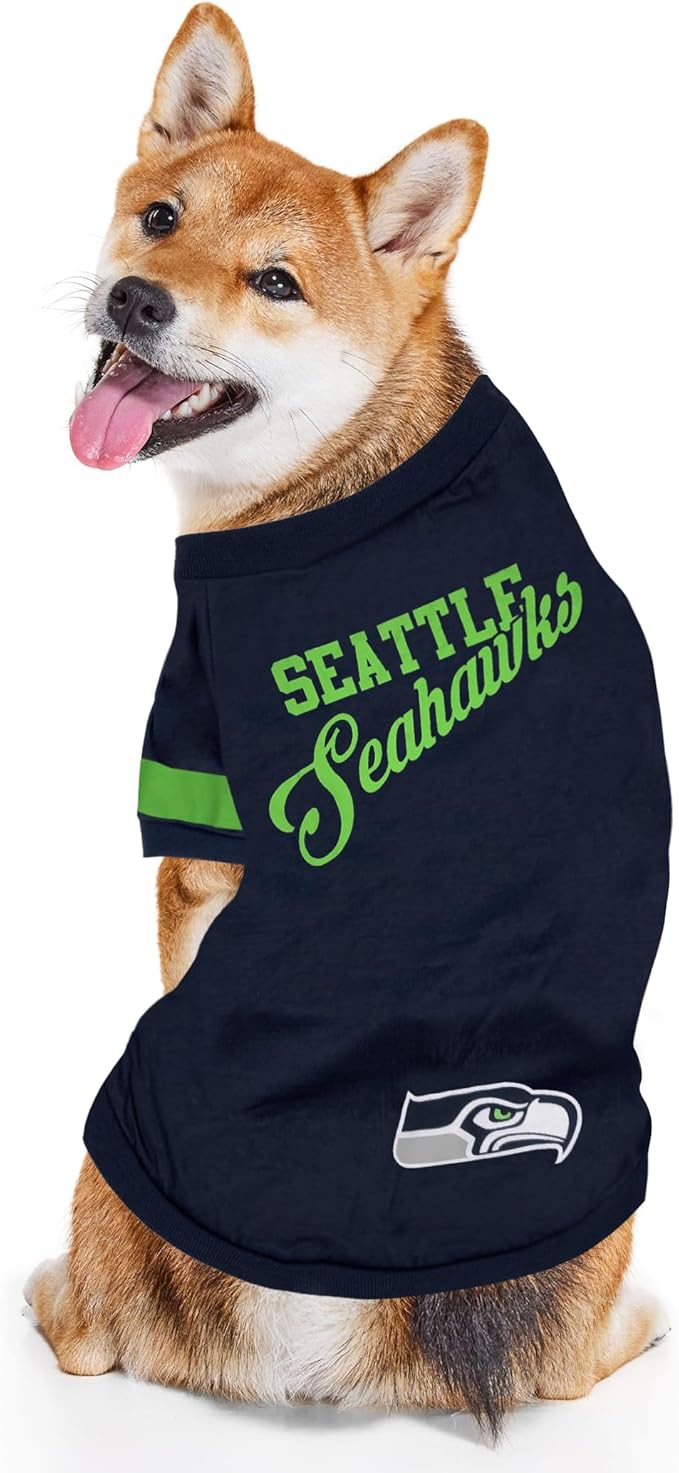 Pets First NFL Seattle Seahawks T-Shirt for Dogs & Cats, Medium. Football Dog Shirt for NFL Team Fans. Stripe Design, Durable & Cute Sports PET TEE Shirt Outfit (SEA-4146-MD)