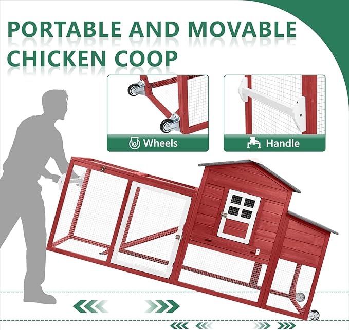 79" L Chicken Coop with Run, Mobile Chicken Hen House with Nesting Boxes, Wheels, Outdoor Indoor Rabbit Hutch, Poultry Cage for Chickens Ducks Bunny with Removable Tray, Ramp (Red)
