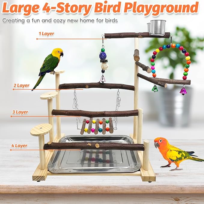 Kathson Wood Bird Playground Parrot Play Stand with Feeder Cups Parakeet Perch Stand with Ladder Hanging Swing Chewing Toys Conure Cage Accessories for Parakeet Conure Lovebird Cockatiel (Fruit Wood)