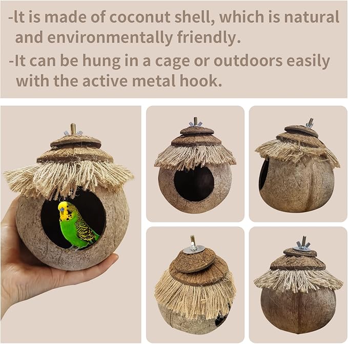 Tfwadmx Natural Coconut Fiber Hanging Birdhouse for Cage, Bird Shell Breeding Nest for Parrot, Parakeet, Lovebird, Finch, Canary, Small Animals House, Bird Hideout with Coconut Twine Decoration