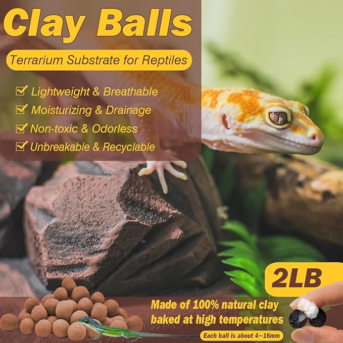 ZeeDix Reptile Substrate Leca Balls - 2LBS Organic Expanded Clay Pebbles, Bioactive Terrarium Bedding for Reptile Tank Habitat Accessories, Ideal for Bearded Dragon, Tortoise, Gecko, Snake & Frog