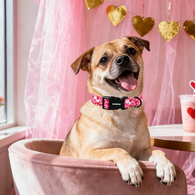 DOGWONG Valentine Dog Collar, Pink Heart Dog Collar, Girl Female Dog Collars with Strong Plastic Buckle for Small Medium Dogs,S