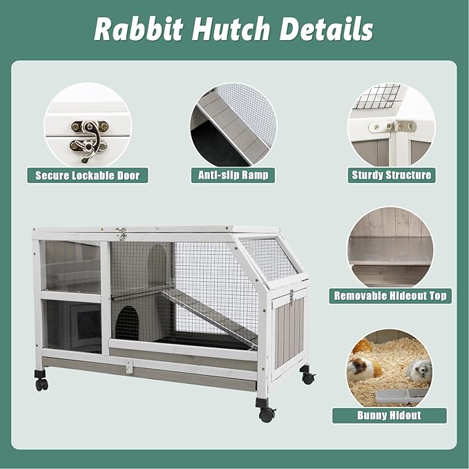 Indoor Rabbit Hutch - 36''L Outdoor Wooden Bunny Hutch with Wheels Rabbit Cage Guinea Pig Cages Removable Pull Out Tray, Ramp, Hideout, Small Animals Pet House Hamster Ferret for Bunny Cage