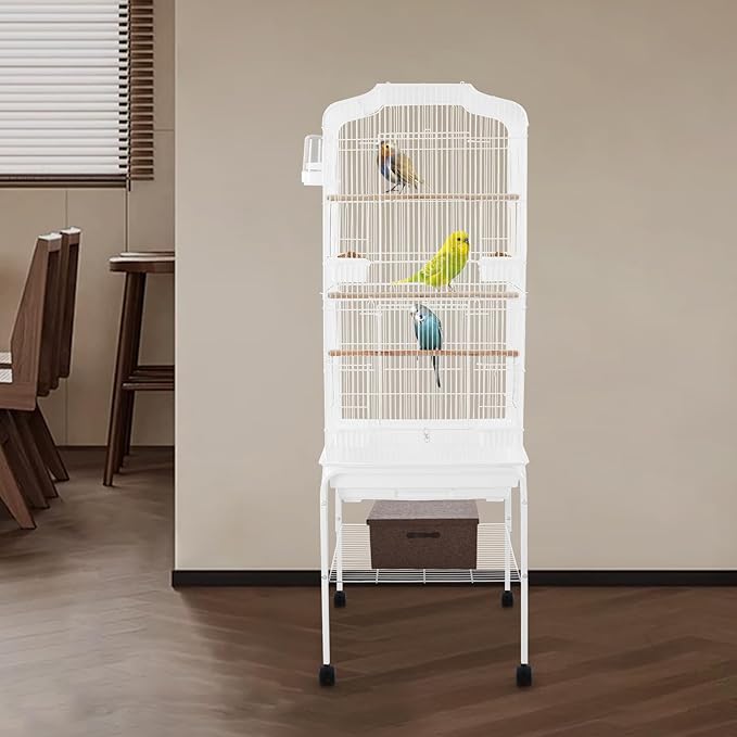 Extra Large Bird Cage, 54" Rolling Breeding Flight Bird Cages w/ 360° Wheels, Open Play Top Bird Cage with Detechable Stand for Parrots, Caiques, Macaw (White)