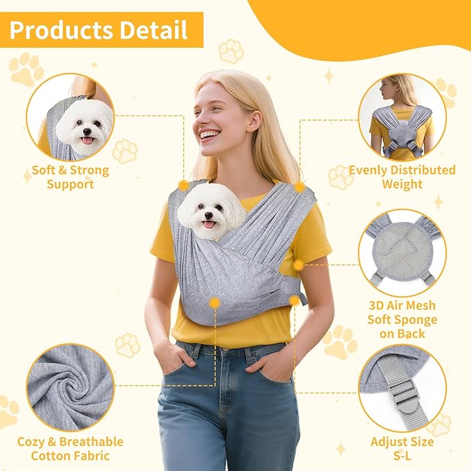 Dog Carrier Sling, Pet Carry Slings Front Pack, Adjustable Dog Carriers for Small Dogs, Portable Pet Carrier for Dogs, Dog Backpack Carrier (Grey)