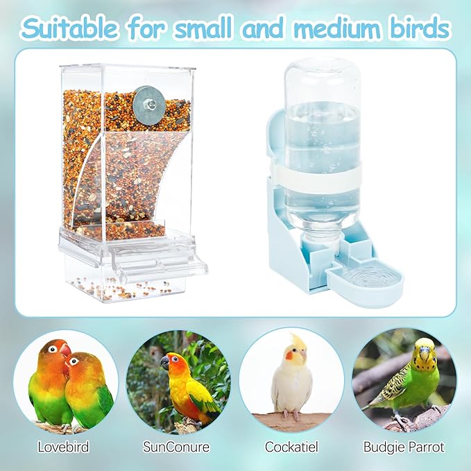 Rypet No Mess Bird Water Feeder Dispenser Set Automatic Bird Feeder Transparent Food Container Cage Acrylic Parrot Feeders Accessories for Small Birds Parrot Cockatoo Canary