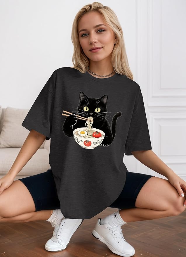 Cat Shirts for Women Oversized Cat Mom Shirt Animal Print Tops Cute Teen Clothes Casual Graphic Tees