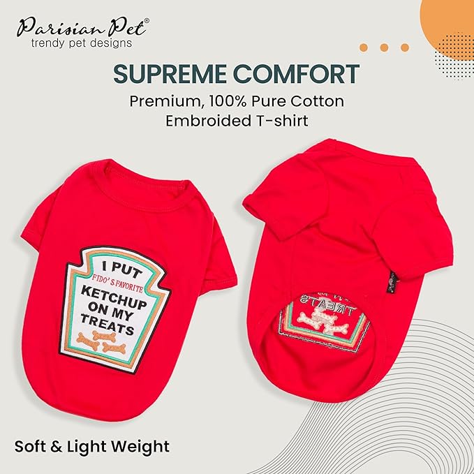 Parisian Pet Dog Shirt - Embroidered “I Put Ketchup on My Treats“ - 100% Cotton and Polyester Dog Clothes - Sleeved, Lightweight Costume for Dogs - Red Dog Shirts for Medium Dogs - Pet Costumes - M