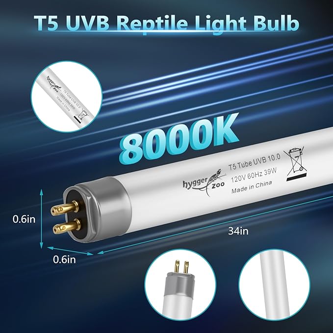 T5 UVB Reptile Light 39W 10.0 + UVA Light Bulb for Reptiles, 3-Pack Lamp Tube for Bearded Dragon, Desert-Grade Reptile UVB lamp Fixture