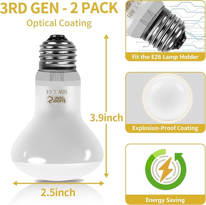 LUCKY HERP New Upgrade 50W Reptile Heat Lamp Bulb (3rd Gen, Safer), Amphibian Basking Spot Light Bulb, UVA Reptile Daylight Bulb for Turtle, Bearded Dragon, Lizard Heating Use (2 Pack)